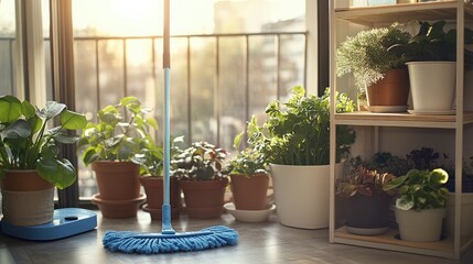 Fototapeta premium A modern apartment with a blue mop near an elegant balcony filled with lush potted plants.