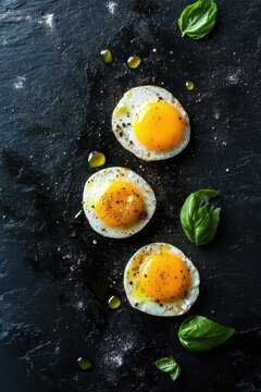 Three Perfectly Fried Eggs with Basil and Pepper