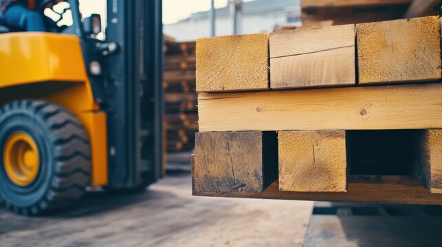 A forklift operator loading wooden beams onto a truck. Featuring coordination and efficiency