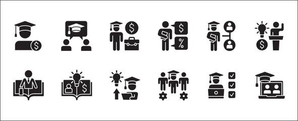 Business education icon set. Employee coaching icons. Contains symbol of bachelor, training, mentoring, qualification, learning, study cost, professional, educated worker. Vector illustration