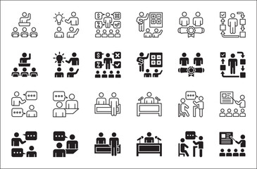 Business training icon set. Business coaching and education icons. Contains symbol of management, lecture, mentoring, expert, qualification, qualified worker, learning, selection. Vector illustration
