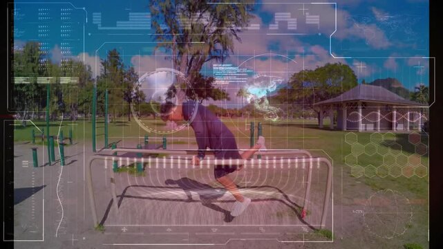 Exercising on parallel bars, man with digital animation overlay in park