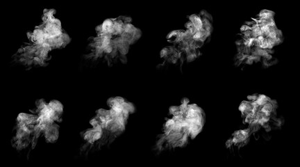 set white smoke steam spray and abstract vapor water isolated on a black background. concept of texture cold mist or hot vapor, fog effect, and cloud for design air pollution, element smog