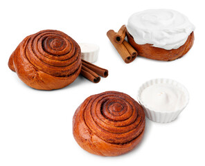 Tasty cinnamon rolls with cream and sticks isolated on white, set