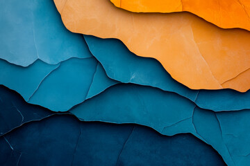 A vibrant abstract image featuring textured layers of orange, teal, and blue, creating a dynamic visual interplay.