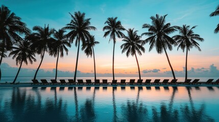 Tranquil Tropical Sunset: Palm Trees and Infinity Pool