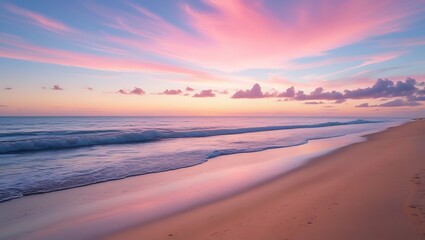 Fototapeta premium Serene Sunset Beach with Golden Sand and Pastel Sky – Peaceful Ocean Landscape Photography
