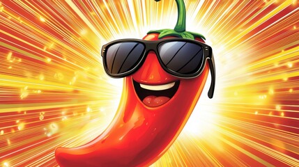 A cheerful cartoon chili pepper wearing sunglasses against a vibrant explosion of colors, radiating energy and fun.