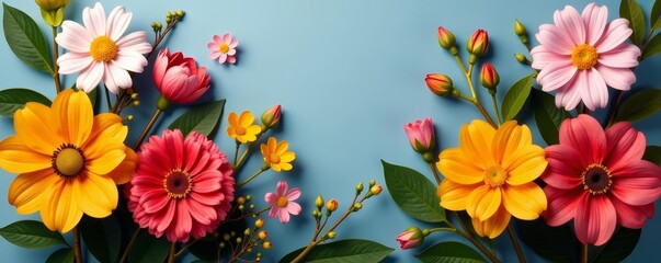 Brightly colored artificial flowers arranged in a studio setting, interior, vibrant