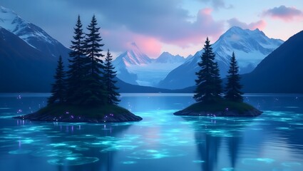 Magical Lake  Mountains  Twilight  Islands  Trees  Serenity