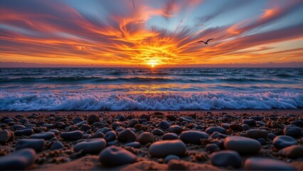 Dramatic Sunset Over Ocean with Rocky Beach