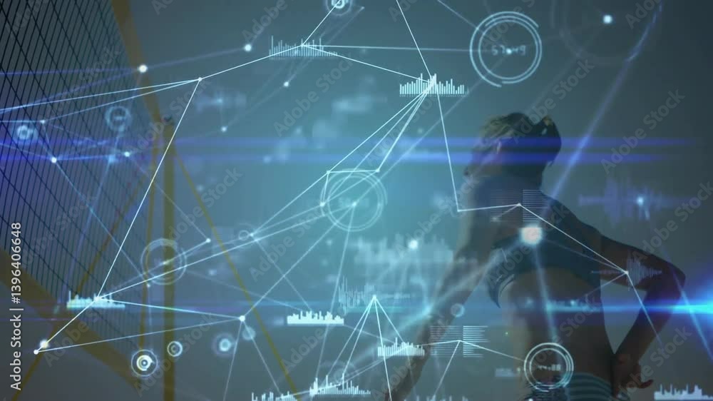 Poster network of connections and data processing animation over person playing volleyball