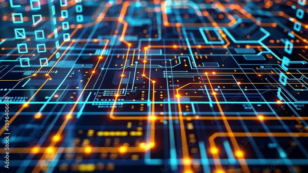 Poster vibrant digital circuit glowing lines and abstract patterns in futuristic technology network showcas