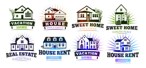Colorful Real Estate Logo Set With Houses, Trees, and Sunburst Elements, Ideal for Property Sale, Rent, Vacation Homes, or Construction Branding. Vector Illustration.