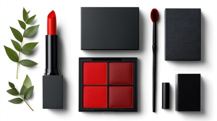 Elegant Red Lipstick and Makeup Palette with Black Packaging