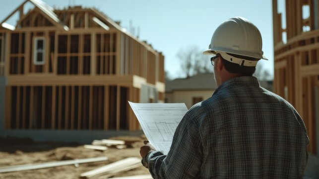 A general contractor overseeing a construction site. Featuring leadership and organization