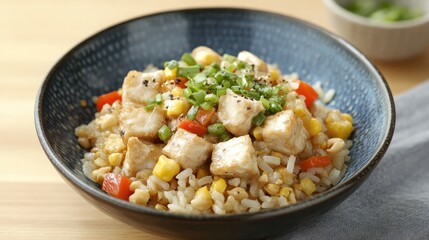 A serving of golden-brown Northern fried rice with a medley of fresh vegetables and seasonings.