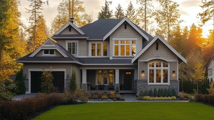 A charming two-story house with a welcoming front porch at sunset.