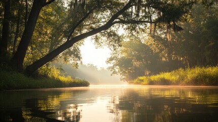 Obraz premium Reflective serenity of overhead canopy tranquil river nature scene early morning aesthetic view overhead canopy mirrored in water