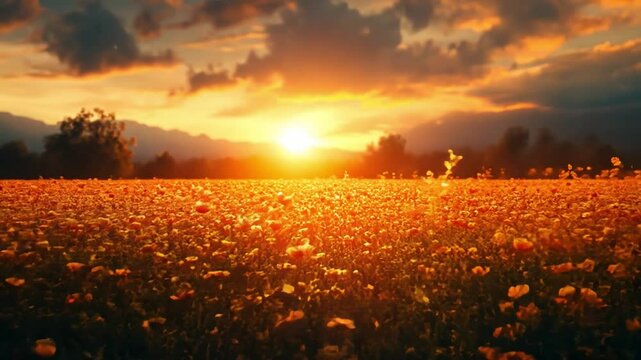 Golden Hour Panorama: A breathtaking panorama of a field of wildflowers bathed in the warm glow of sunset, clouds paint the sky with vibrant hues, a truly spectacular display of nature's beauty.