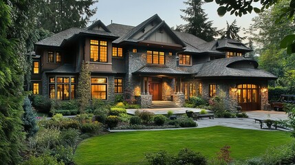 Fototapeta premium A stunning, contemporary, stone-clad home with meticulously landscaped gardens at dusk.