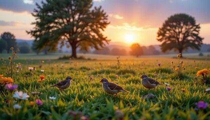 Sparrows in Meadow at Sunrise