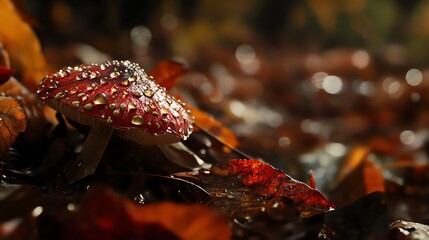 Amanita Mushroom with Water Droplets on a Bed of Fallen Leaves