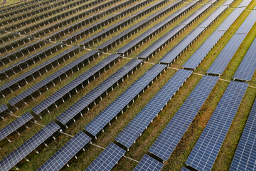 aerial view solar power station during sunset