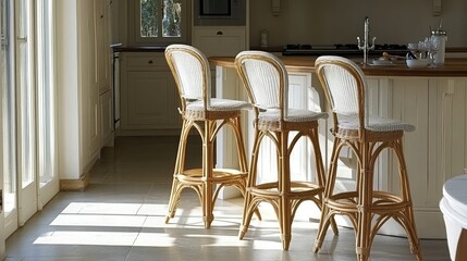 Elegant high chairs made of rattan and wood, adding warmth to a modern kitchen.