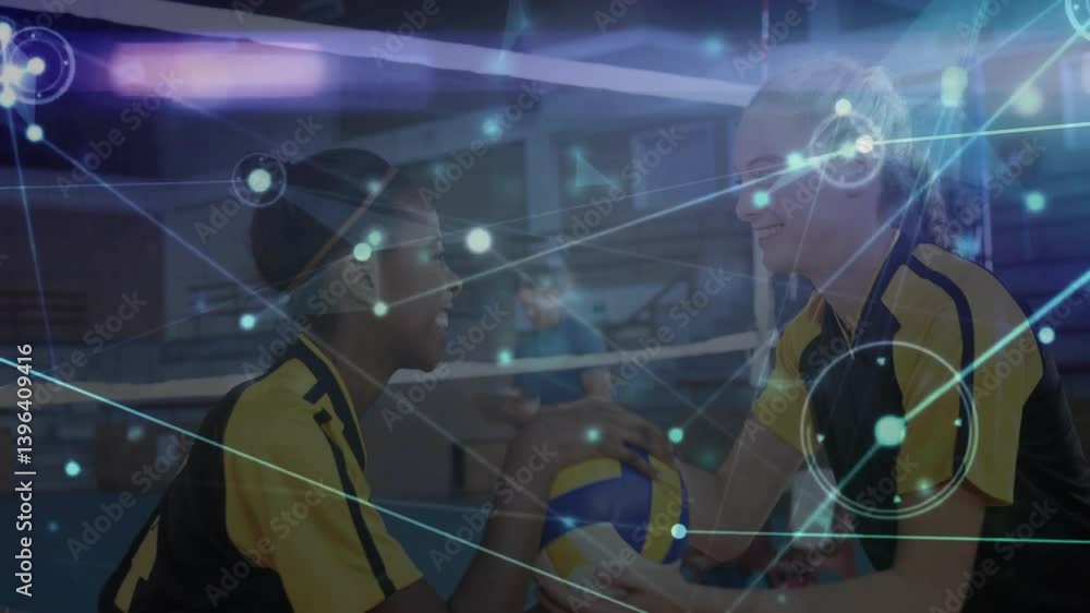 Poster network connections and data processing animation over volleyball players in gym