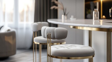 Luxurious high chairs with velvet seats and brass legs in a chic, modern kitchen space.