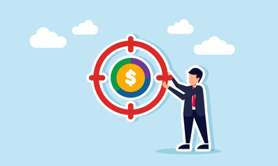 A businessman carries a focus target symbol aiming at a dollar sign and pie chart, illustration of deadline for improving business financial performance