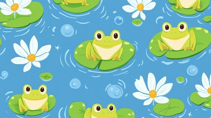 Obraz premium Adorable Frogs and Waterlilies in a Childish Seamless Pattern for Kids' Decorative Design