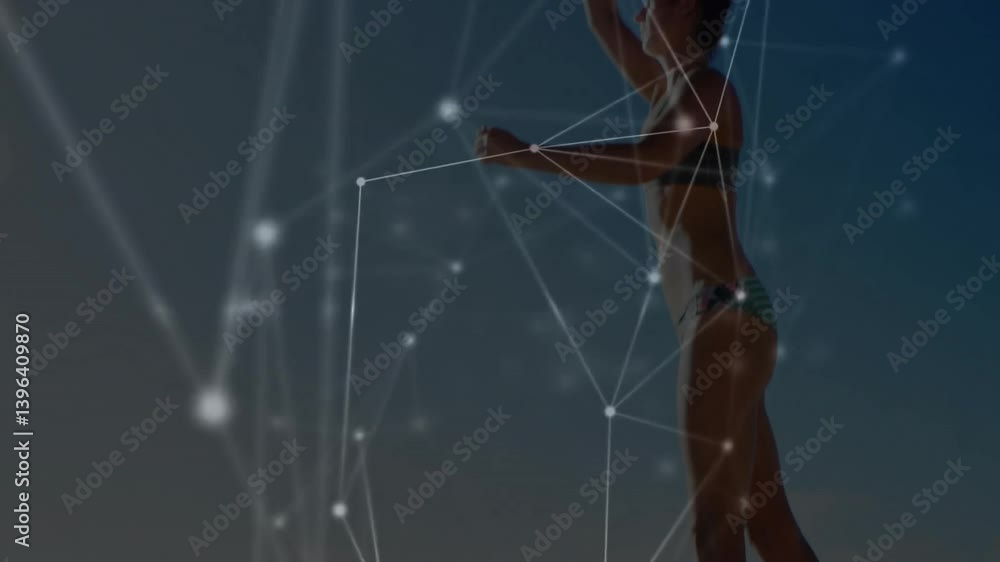 Poster network of connections and data processing animation over person standing on beach