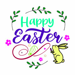 Colorful Happy Easter Illustration with Bunny, Egg, Flowers and Green Twigs Design