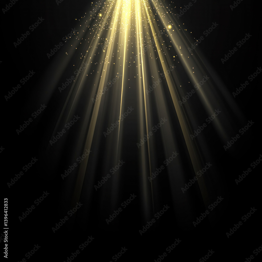 Poster a bright light shining on a dark background. the light is coming from the top left corner and is get