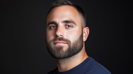 Fototapeta premium Man with beard, dark shirt, serious modern style, sharp focus lighting, portrait close-up, intense gaze, thoughtful expression, black background, neutral cool tones, ideal for profile image.