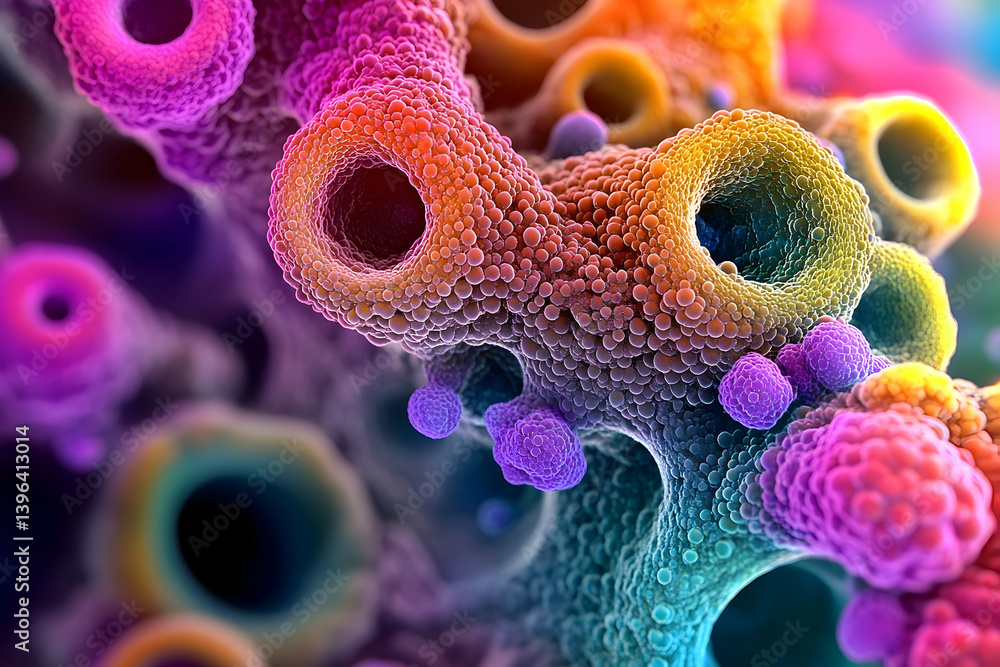 Poster a vibrant microscopic view of interconnected cellular structures.