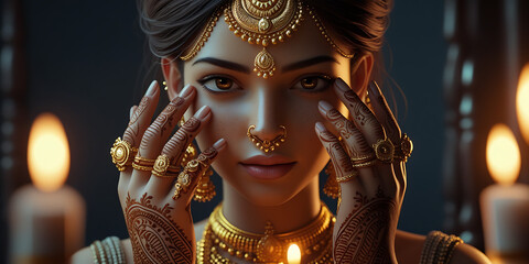 Fototapeta premium Person adorned in intricate gold jewelry and henna in dimly lit space with glowing candles in background