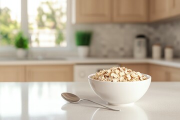 A bowl of wholesome rolled oats sits on a kitchen counter.