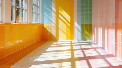 A brightly lit room with a colorful tile wall and a window. The room is very bright and cheerful, with the colors of the tiles creating a fun and playful atmosphere