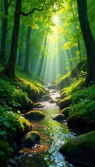 Obraz premium Sunlight dappled stream flows through lush green forest canopy, forest, fresh