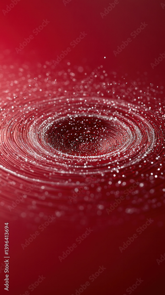 Poster a red background with a white circle in the middle. the circle is surrounded by a lot of white dots