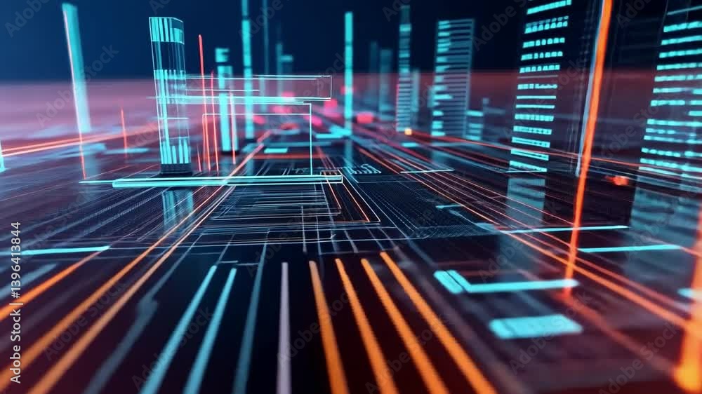 Aufkleber futuristic digital landscape glowing lines and geometric shapes in neon colors, showcasing technolog