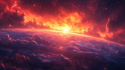 Fototapeta premium Fiery Celestial Sunrise: A Breathtaking Cosmic Landscape