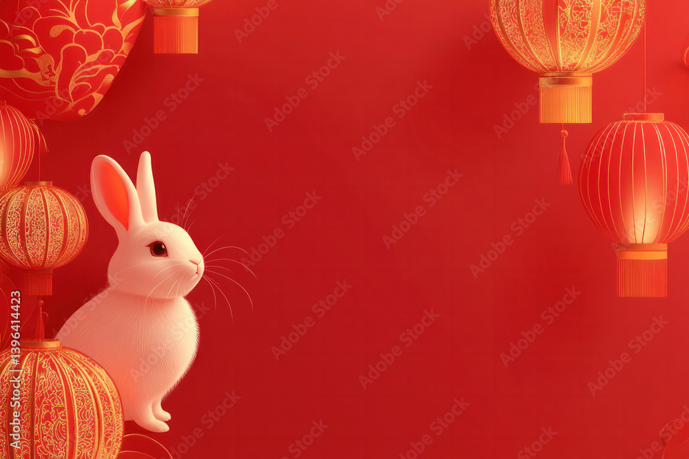 Aufkleber a white rabbit is sitting on top of a red background with lanterns in the background. the scene is f