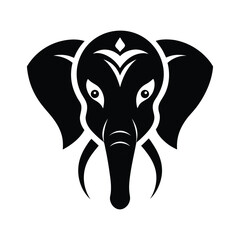 Black and white stoic elephant head with decorated tusks.eps