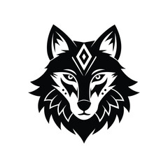 Black and white symmetrical wolf head with tribal details.eps