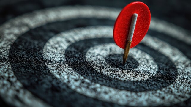 Dart hits bullseye on textured target. Precision and achievement is key