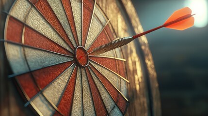 Dart hits center. Red, white target board closeup, achievement concept